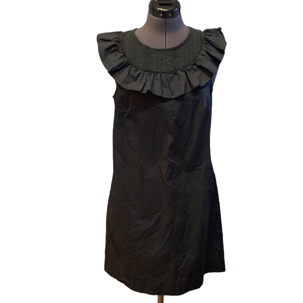 J. Crew Ruffle Neck Dress Sz 4 Black w/ Ruffle Front Sleeveless Cotton Zip Back